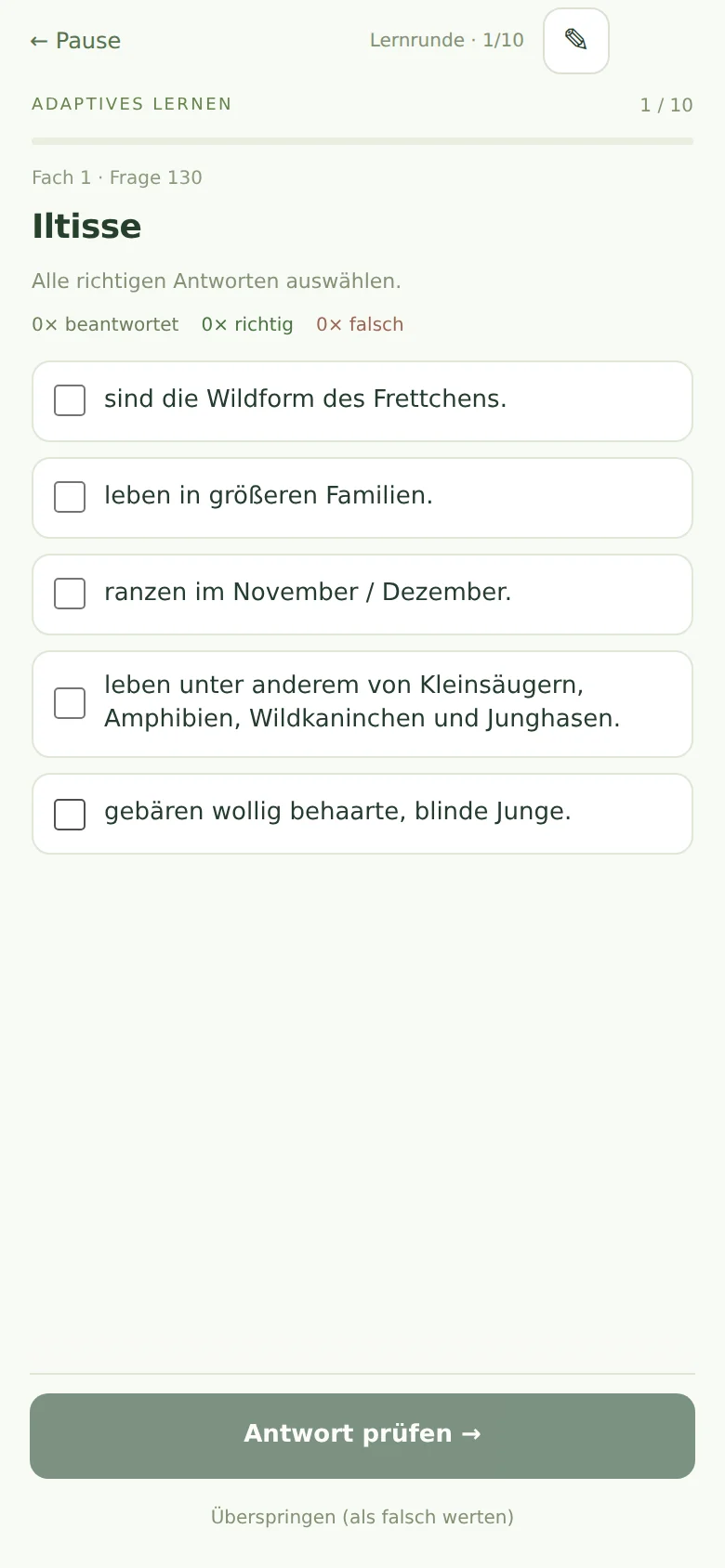 Beispielansicht einer Lernfrage im Lernrevier auf dem Smartphone, mit Antwortmöglichkeiten